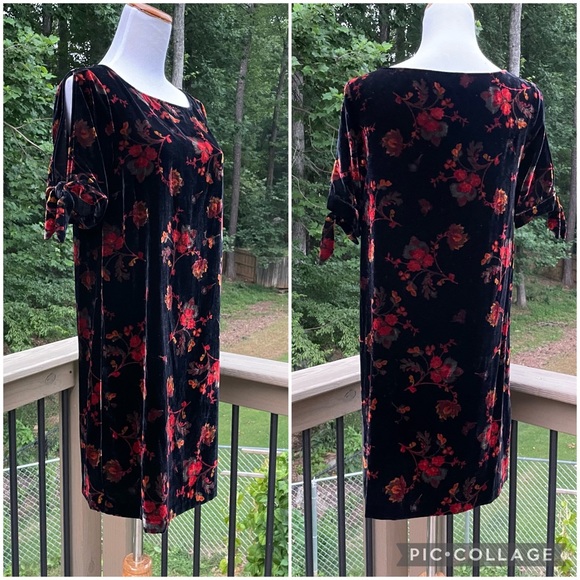 NWT Loft Black Red Floral Cold Shoulders Velvet Shift Dress Size S - Picture 7 of 16